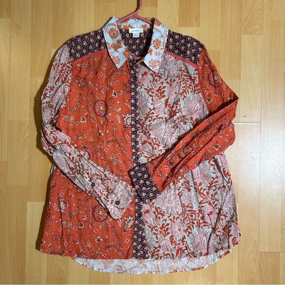 Sundance KalamarianOrange Floral Patchwork Blouse Cotton Size Large Boho - Picture 9 of 13